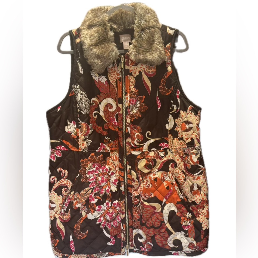 Chicos Quilted Mixed Soiree Paisley Floral Vest Cocoa Bean Earth Tones Size 2